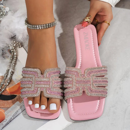 2026 Women Rhinestone Slippers Fashion Non-Slip Shoes Women Outdoor Slippers Designer Square Heel Flat Sandals Slides Women