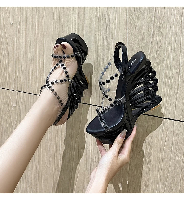 Voesnees Summer New Hollow Out Wedge Women's Pumps Shiny Sequins Fashion Party Shoes Club Heels Transparent Narrow Belt Sandals