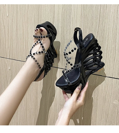 Voesnees Summer New Hollow Out Wedge Women's Pumps Shiny Sequins Fashion Party Shoes Club Heels Transparent Narrow Belt Sandals