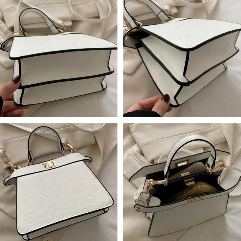 Fashion Embossed Top Handle Bags for Women,Metal Turn Lock Handbag, Adjustable Crossbody Strap,versatile Purse for Daily Outings