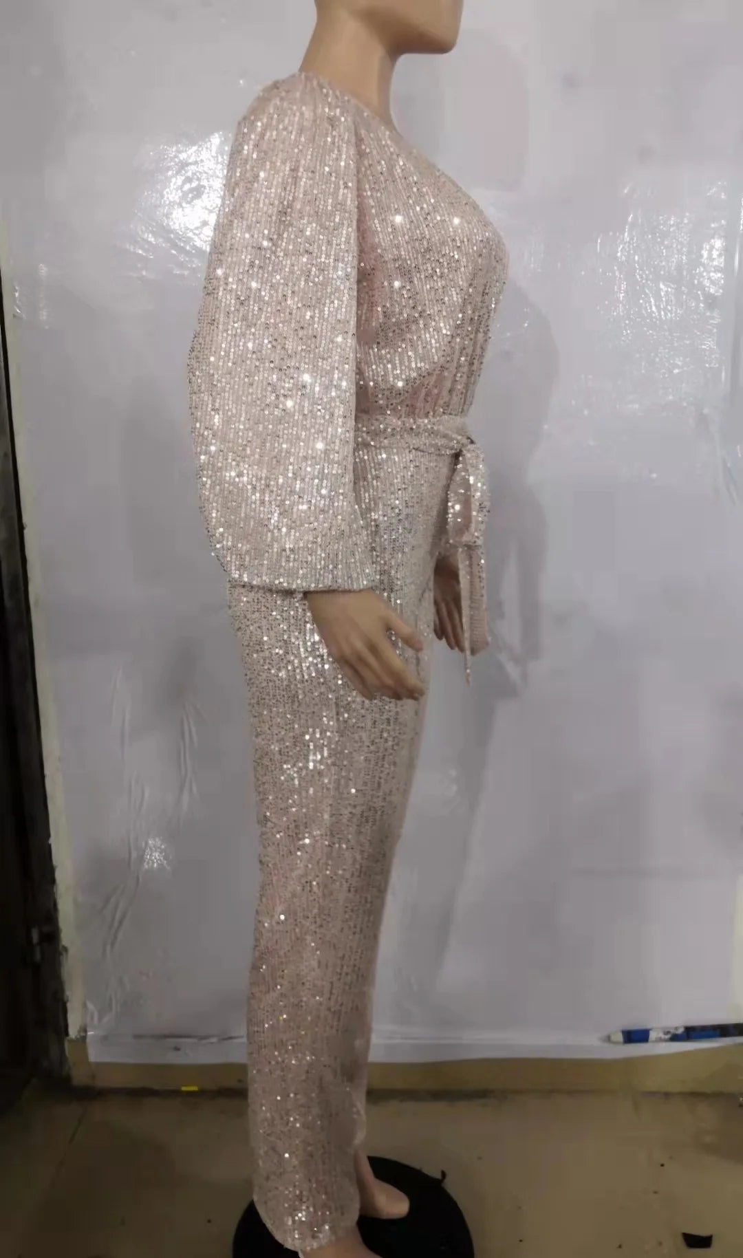 2026 Women's Elegant Sequined Jumpsuit Spring Summer Ladies Bling Bling V-neck High Waist Rompers Overalls with Lantern Sleeve