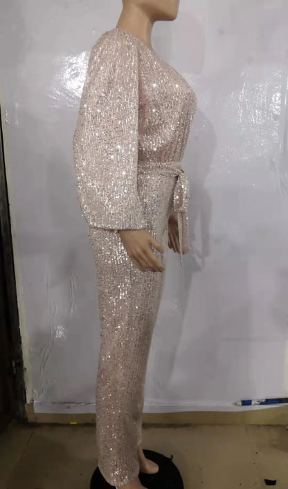 2026 Women's Elegant Sequined Jumpsuit Spring Summer Ladies Bling Bling V-neck High Waist Rompers Overalls with Lantern Sleeve