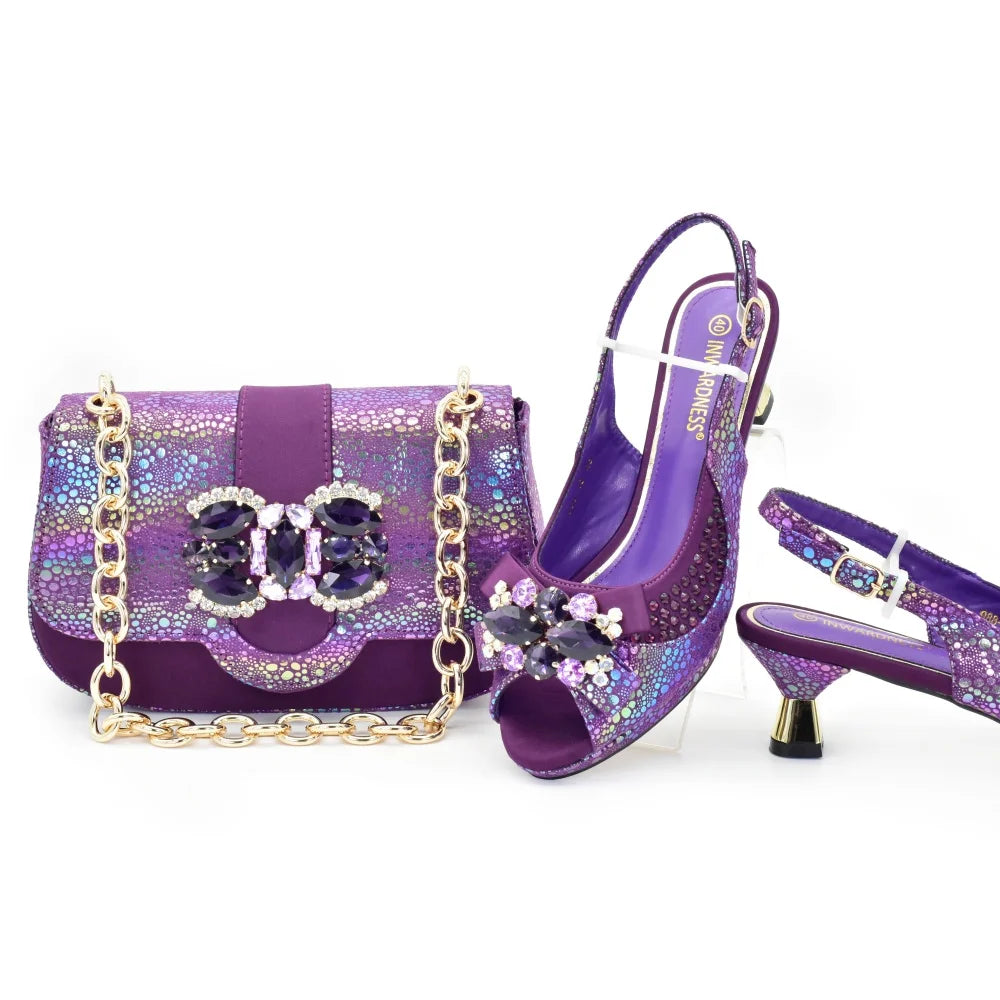 New Arrival Nigerian Women Heel Party Shoes and Bag Set Champagne Colour Rhinestone Handbag Italian Design Wedding