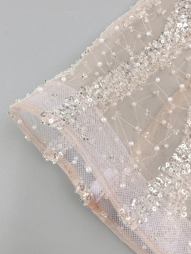 VC Glamorous One-shoulder Sleeveless Beige Crystal Embellished Dress Party Evening Gown