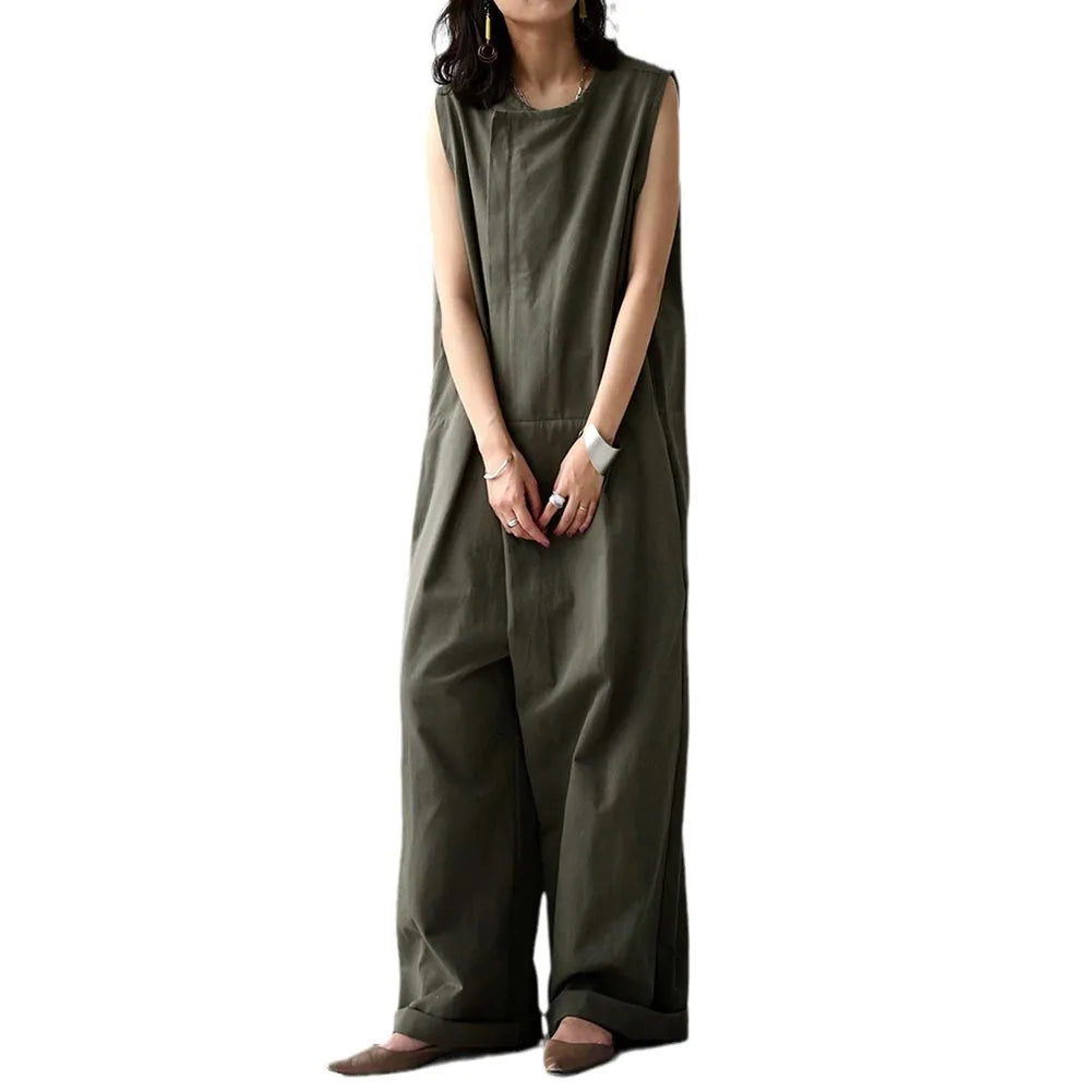 Women Jumpsuits Solid Romper Round Neck Sleeveless Full Length Straight Pants Slight Strech Loose Fit Casual Elegant 2026 Summer