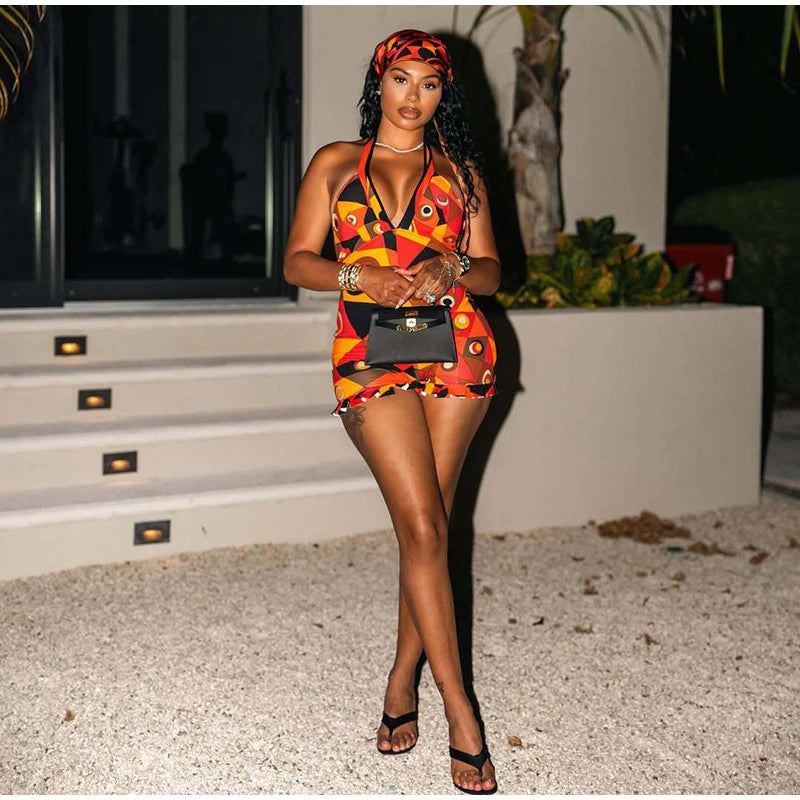 Colorful Print Backless Playsuit Women Sexy Halter Deep V-neck Sleeveless Ruffle Hem Jumpsuits Rompers Beach Holiday Bodysuits