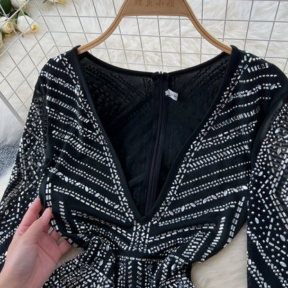 SINGREINY Sexy Senior Bodycon Jumpsuits Women Deep V-Neck Long Sleeves Zipper Diamonds Design Fashion Hotsweet Party Playsuits