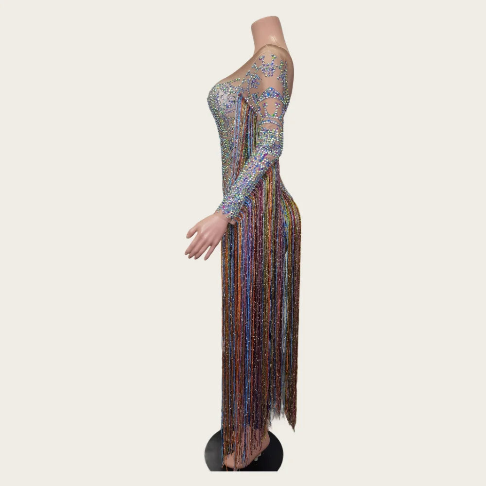 Fashion Rhinestone Tassel Rompers Women One Piece Jumpsuits Sexy Women Party Prom Stage Performance Dance Leotard Club Bodysuits