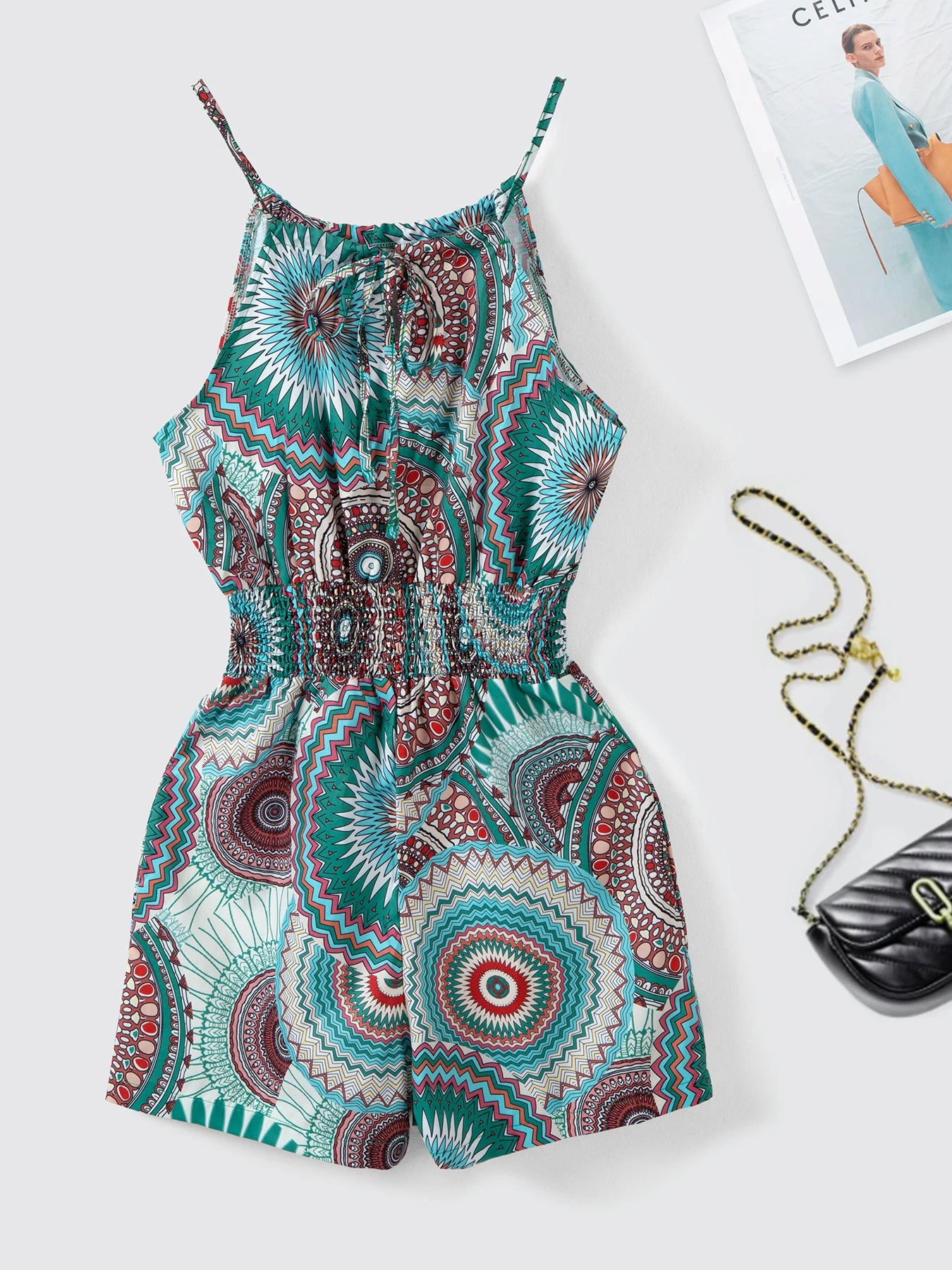 Women Boho Mandala Print Spaghetti Strap Romper Elastic Smocked Waist Sleeveless Short Jumpsuit Summer Beach Casual Playsuit