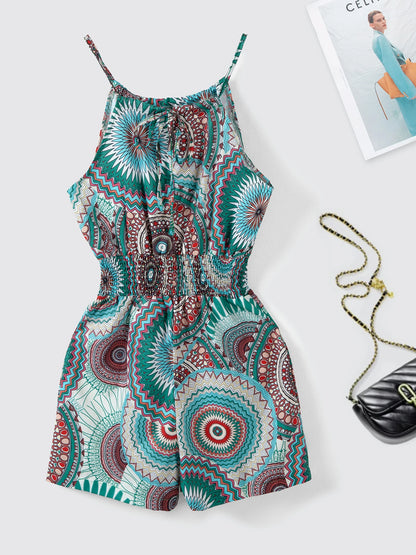 Women Boho Mandala Print Spaghetti Strap Romper Elastic Smocked Waist Sleeveless Short Jumpsuit Summer Beach Casual Playsuit