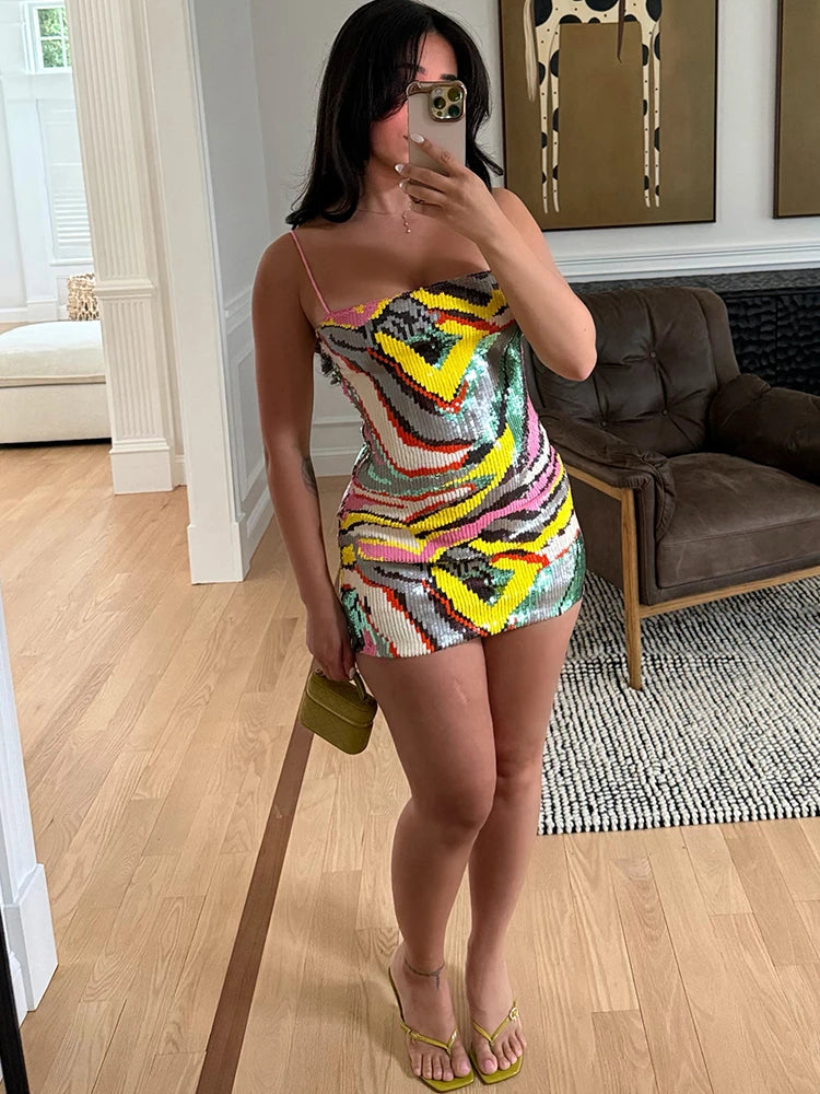 Sistrelinda Chic Summer Sling Dress Woman Colorful Print Trend Sequin Patchwork Low-Neck Backless Peach Hip Sexy Fashion Bodycon