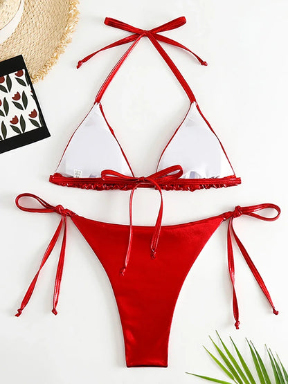Sexy Metallic Halter Bikinis Sets Lace Up Triangle Tie Side Bikini 2026 Swimsuit Women Swimwear Brazilian Female Bathing Suits