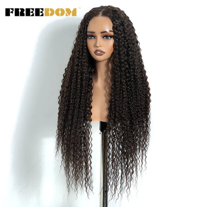 FREEDOM Synthetic Lace Front Wigs For Women 6x4 Pre-cut 32 Inch Long Curly Lace Wig Pre-plucked Ombre Brown Blonde Glueless Wigs