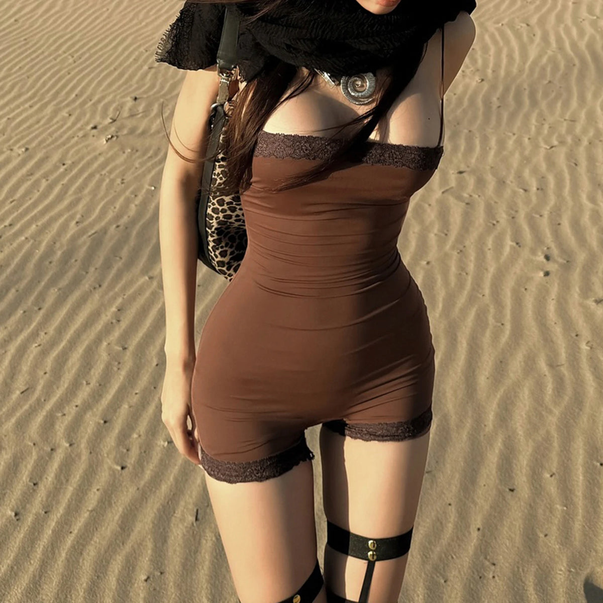 SUCHCUTE Sexy Lace Patchwork Strapless Jumpsuit Women Brown Rompers Y2k Casual Bodysuits Vintage One-piece Suit Summer Aesthetic
