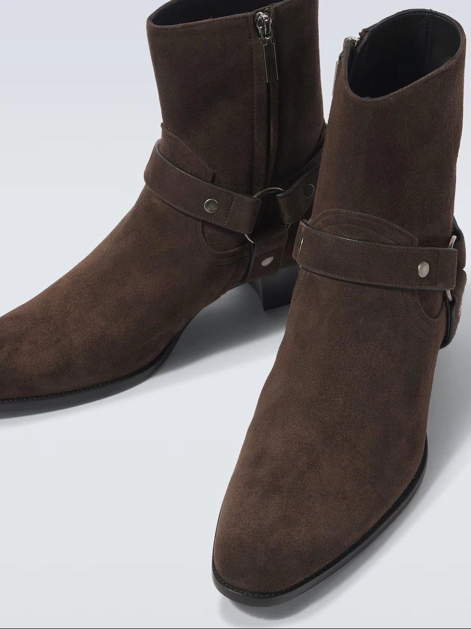 Autumn Winter Retro Chelsea Boots for Men Metal Ring Suede Leather Pointed Toe Short Boots British Style Trendy Men's Shoes