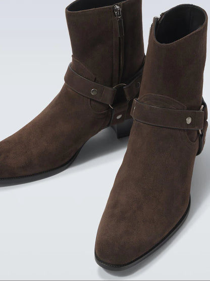 Autumn Winter Retro Chelsea Boots for Men Metal Ring Suede Leather Pointed Toe Short Boots British Style Trendy Men's Shoes