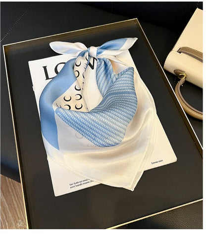 100% Natural Mulberry Silk Square Scarf 53x53cm Blue White Moon Print Women Neck Scarf Headband Bag Scarf Elegant Gift
