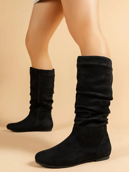 Fashion Faux Suede Mid-calf Boots for Women Plus Size Autumn and Winter New Round Toe Side Zipper Pleated Flat Boots Botas Mujer