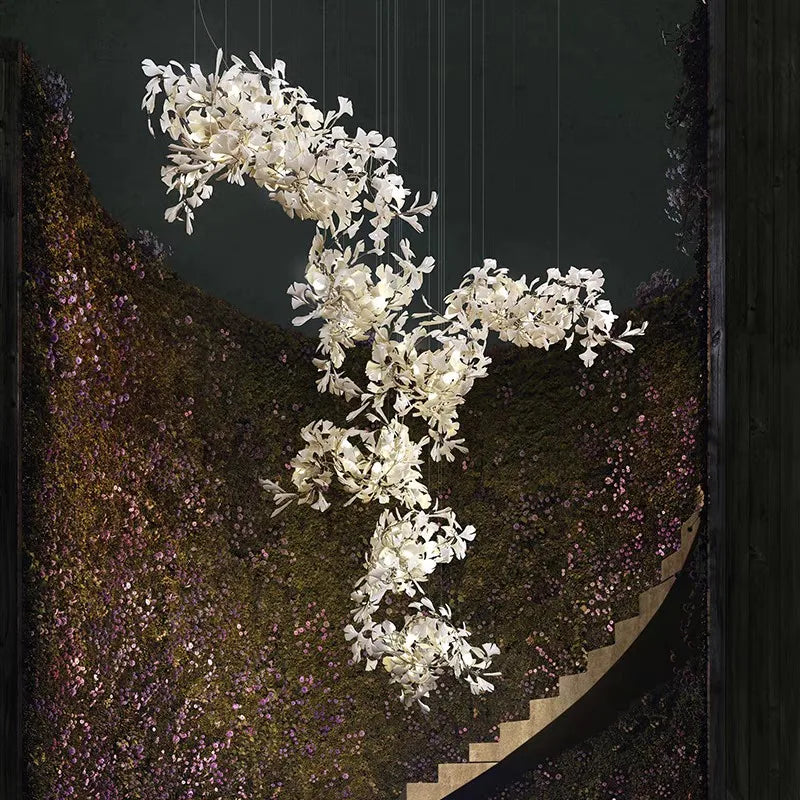 Staircase Ginko Leaf Chandelier Light For High Ceiling Staircase Loft Living Room Hotel Lobby Stairway Luxury Branch Chandeliers