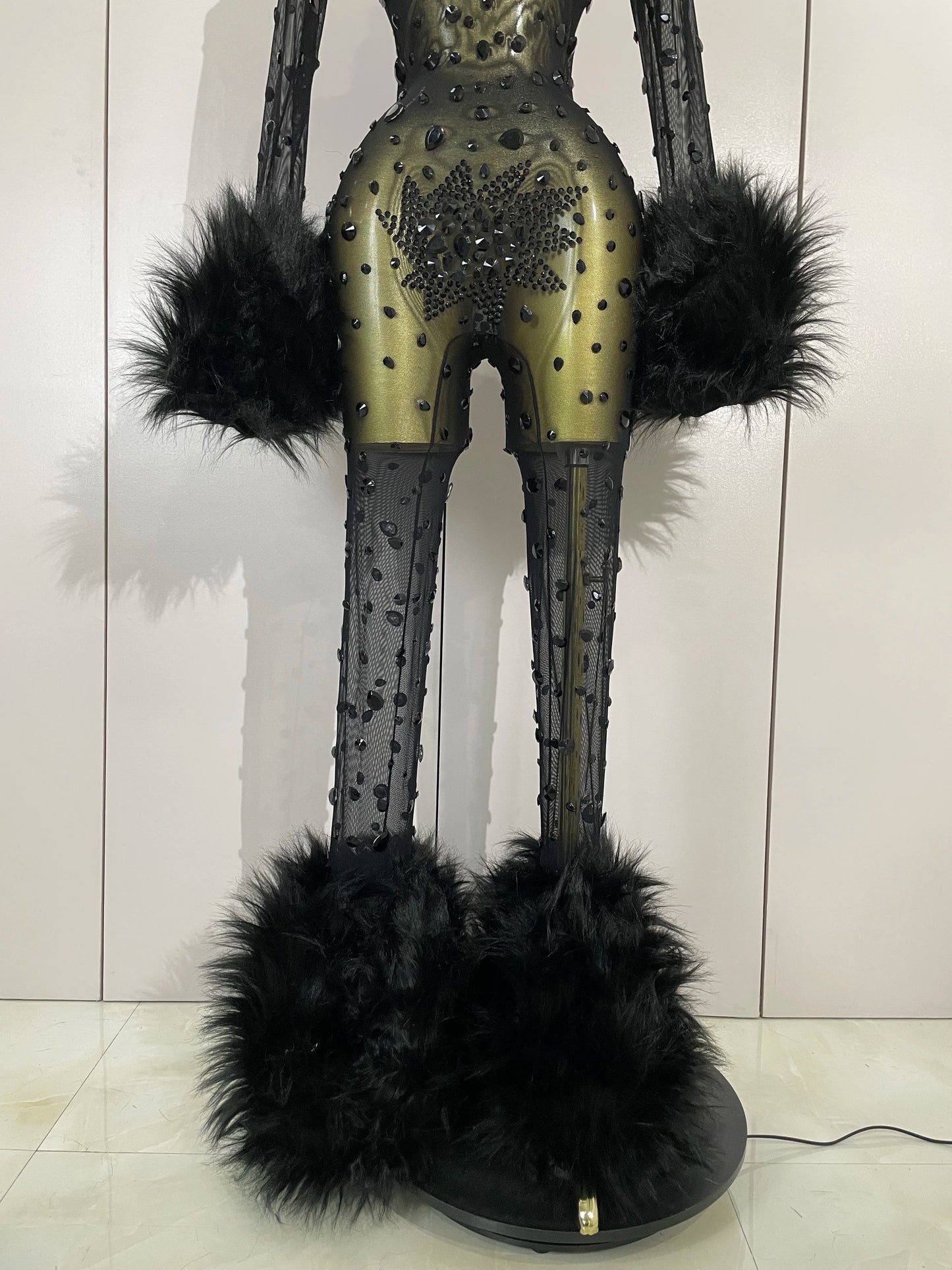 STOCK Luxury Diamond Black Mesh Transparent Stretchy Long Sleeve Jumpsuit Women Sexy Performance Singer Costume Nightclub Outfit