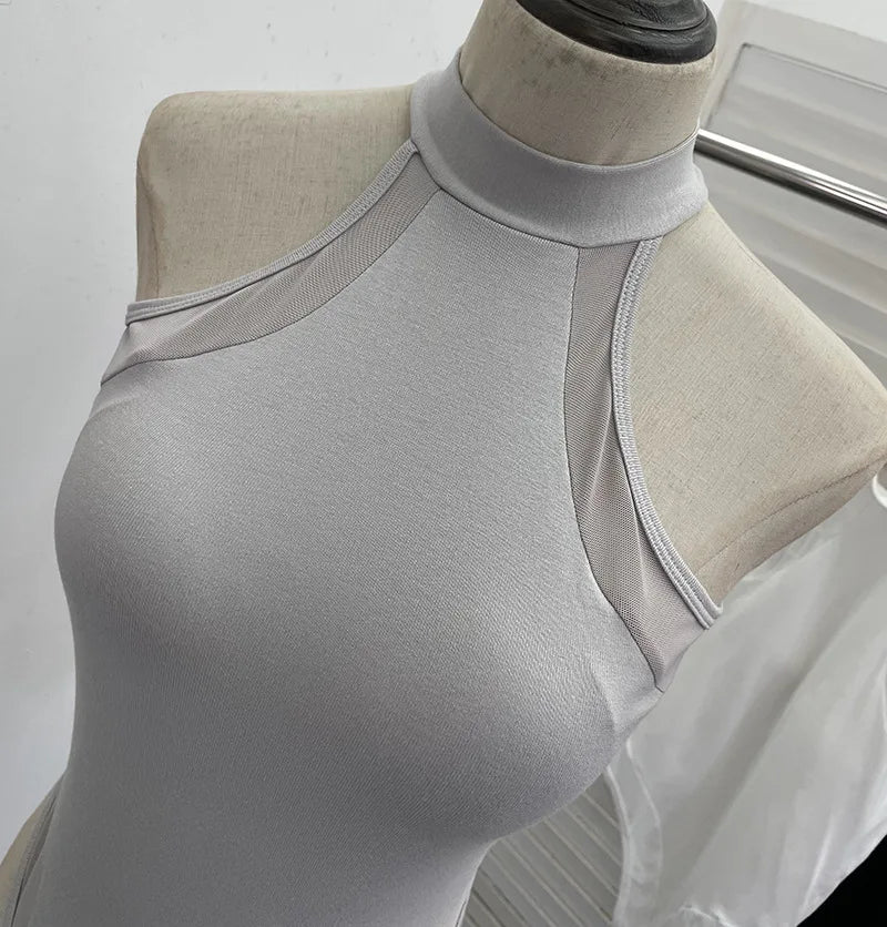 ISAROSE Summer Sexy Bodysuit for Women Stretch Braless Solid Color Back Zipper Sleeveless Basic Design Slim Halter Jumpsuit