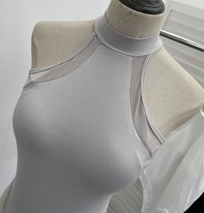 ISAROSE Summer Sexy Bodysuit for Women Stretch Braless Solid Color Back Zipper Sleeveless Basic Design Slim Halter Jumpsuit
