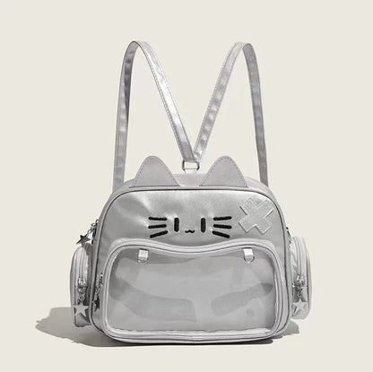 Women's Fashion Backpacks Y2K Korean Japan Kawaii Cat Ita Bag PU Cute Girls Transparent Pocket Aesthetic Shoulder Crossbody Bags
