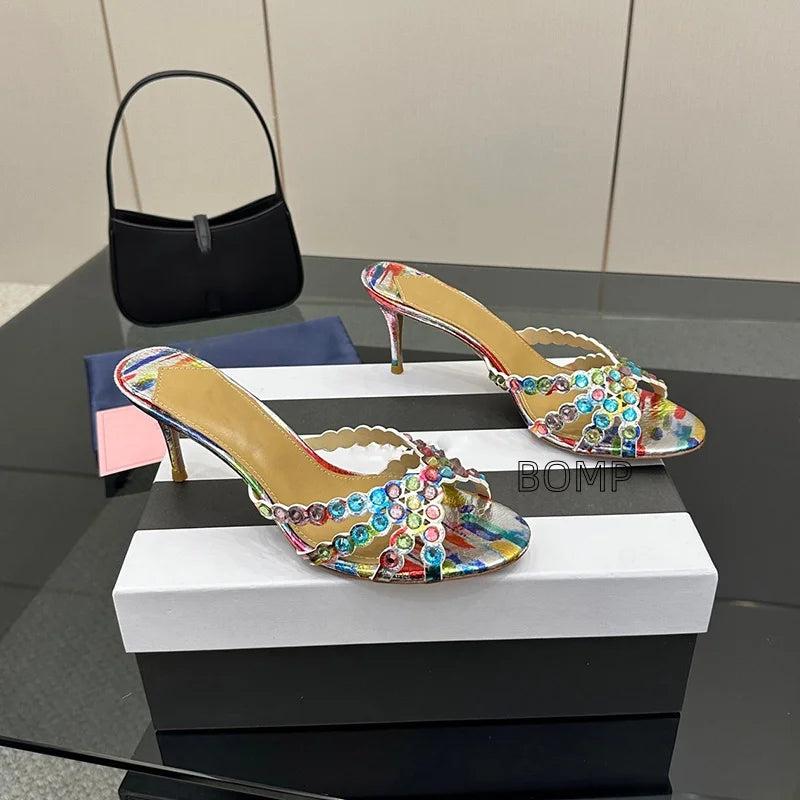Fashionable Satin Pointed Toe Crystal High Heel Slippers Diamond Stiletto Sandals Luxury Sexy Design for Party Wedding Occasions