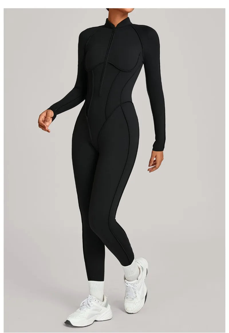 Women's Winter Yoga Jumpsuits Sports Fitness Hip-Lifting Slimming One-piece Zipper Long-Sleeved Outdoor Gym Workout Bodysuits