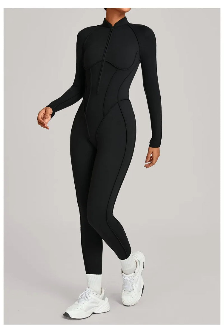 Women's Winter Yoga Jumpsuits Sports Fitness Hip-Lifting Slimming One-piece Zipper Long-Sleeved Outdoor Gym Workout Bodysuits