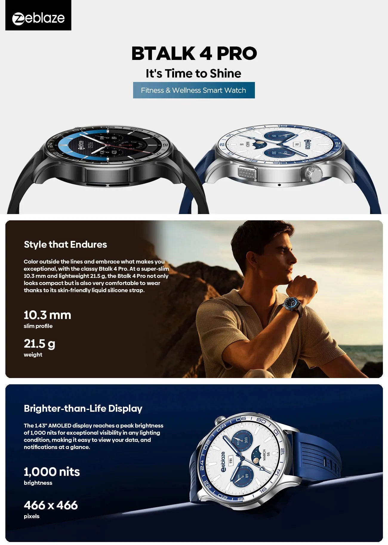 New Zeblaze Btalk 4 Pro Voice Calling Smart Watch 1.43''AMOLED Display Screen Heart Rate Fitness & Wellness Smartwatch For Men