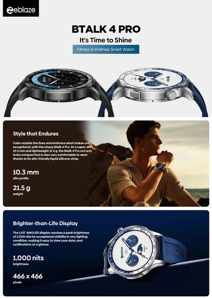 New Zeblaze Btalk 4 Pro Voice Calling Smart Watch 1.43''AMOLED Display Screen Heart Rate Fitness & Wellness Smartwatch For Men