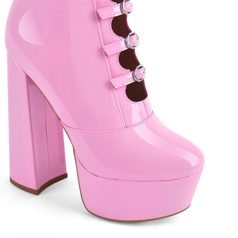 Onlymaker Women Pink Platform Multibuckle Strap Knee High Boots Big Size Comfy Female Side Zipper Mondern Boots