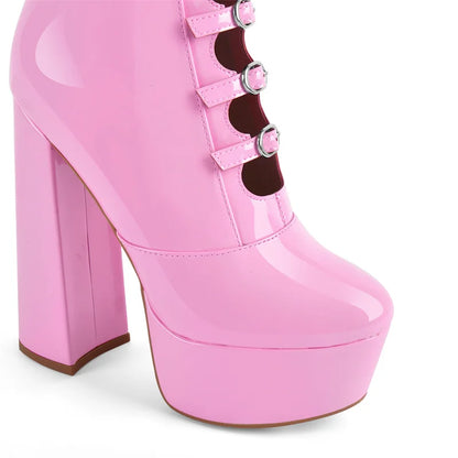 Onlymaker Women Pink Platform Multibuckle Strap Knee High Boots Big Size Comfy Female Side Zipper Mondern Boots