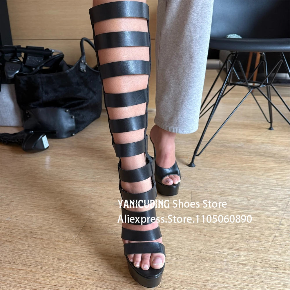 Strappy Gladiator Sandal Boots Metallic Gold Below the Knee Stiletto Boots Fashion Sexy Style Back Zipper Platform Women's Boots