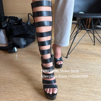 Strappy Gladiator Sandal Boots Metallic Gold Below the Knee Stiletto Boots Fashion Sexy Style Back Zipper Platform Women's Boots
