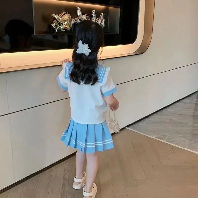 Summer Children Girls Student Uniform Set kids JK Mandarin Collar T-shirts and Pleated Skirts 2 Pieces Suit Kid School Uniform