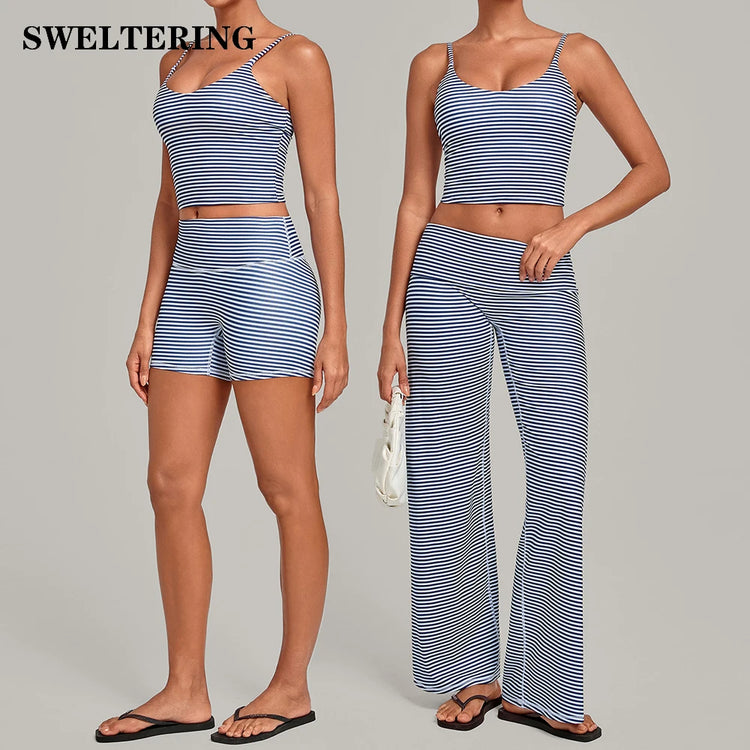 2PCS Stripes And Polka Dots Yoga Suit Women Tracksuits Sports Outfits Gym Clothes Breathable Sports Bra Fitness Flared Pants Set