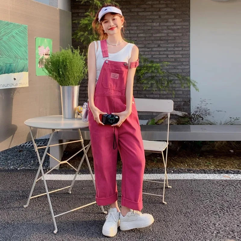 Vintage Pink Denim Overalls Adjustable Strap Wide Leg Jumpsuit Y2K Cute Campus Casual Pants