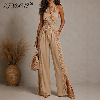 Elegant Lace Spliced Halter Jumpsuits Deep V Sleeveless Backless Lace Up Overalls Women Summer Casual Beach Party Long Playsuits