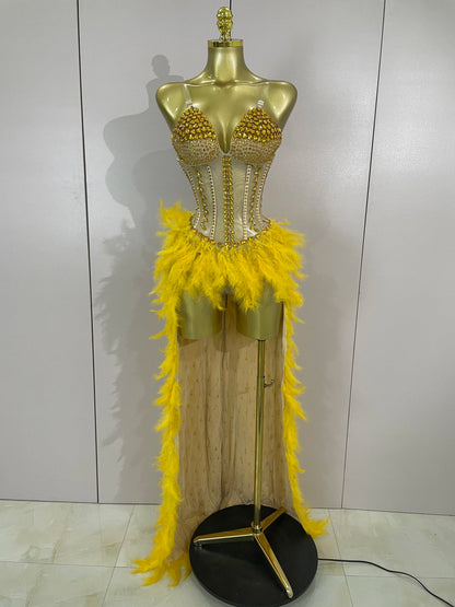 Sparkly Rhinestones Feathers Long Tail Bodysuits Sexy Mesh Transparent Stage Dress Evening Party Celebrate Luxury Birthday Dress