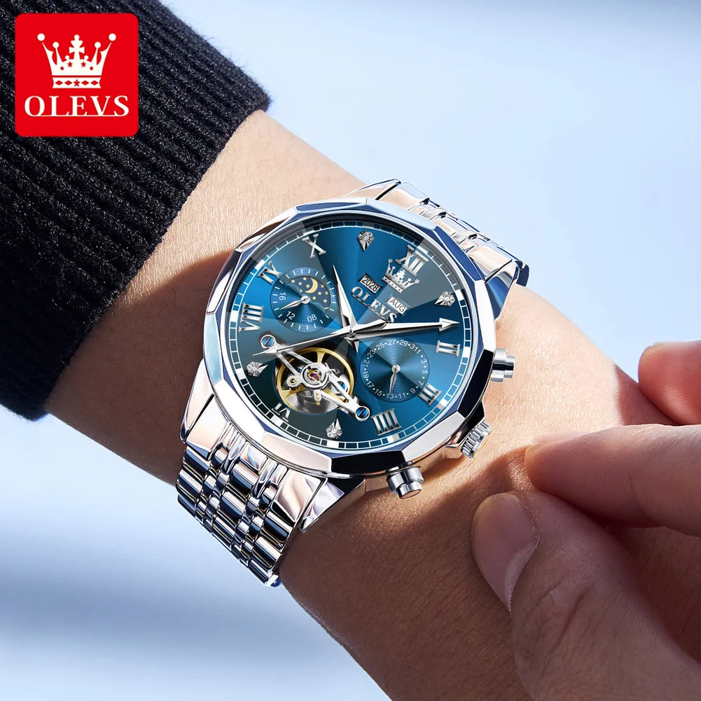 OLEVS Automatic Mechanical Watch for Men Tourbillon Moon Phase Diamond Dial Stainless Steel Strap Waterproof Men Wristwatch