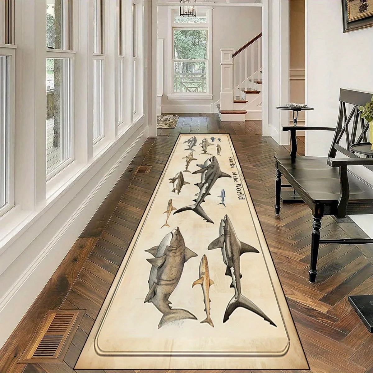 Retro Vintage Various Shark Species Print Long Runner Rug, Non-Slip Washable Rug for Kitchen, Entryway, Bathroom & Living Room