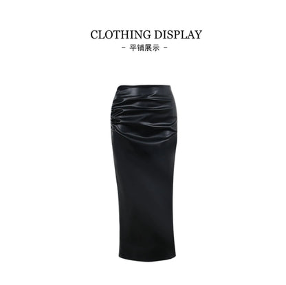 Lautaro-Women's Soft Stretchy PU Leather Ruched Pencil Skirt, High Waist Office Wear, Black, Luxury, Elegant, 2024