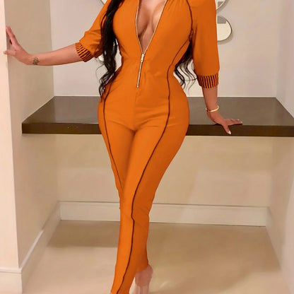 Solid Zipper 3/4 Sleeve Skinny Jumpsuit, Sports Long Length Sexy Party Jumpsuit, Women's Clothing