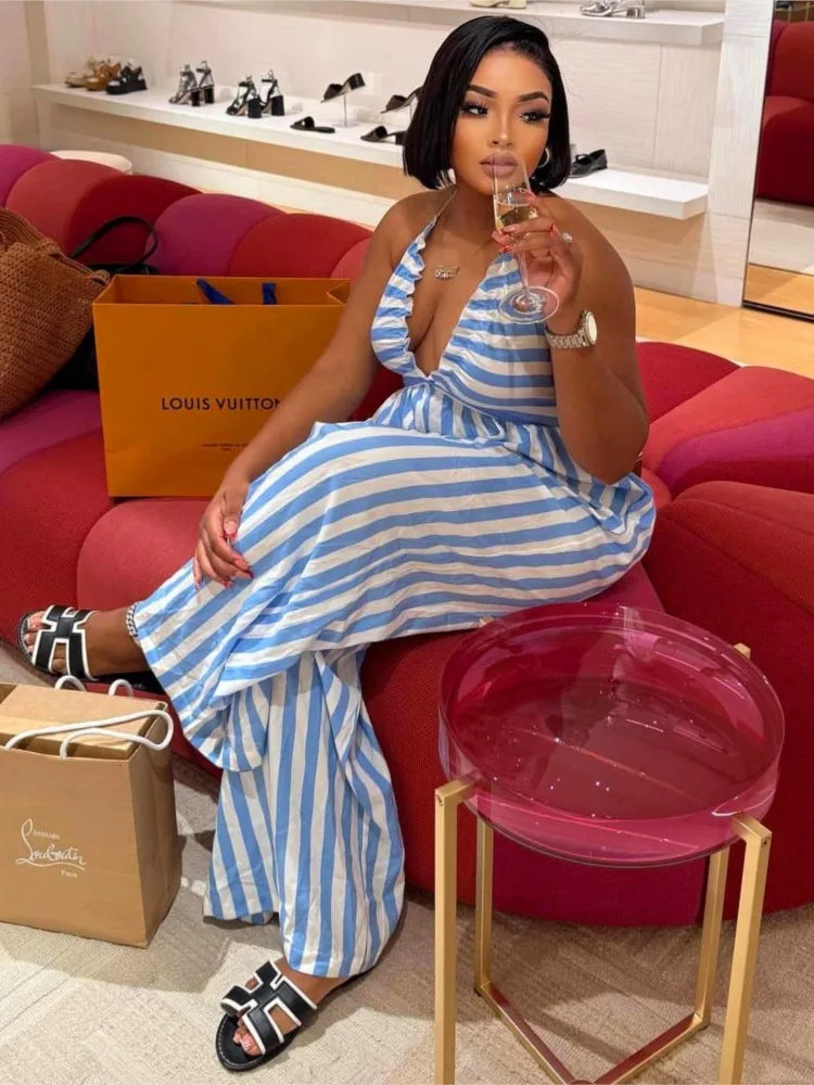 Sexy Jumpsuit Solid Color Casual Striped Halterneck Deep V-neck Wide-leg Jumpsuits Casual Holiday Party Daily Rompers Women's