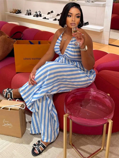 Sexy Jumpsuit Solid Color Casual Striped Halterneck Deep V-neck Wide-leg Jumpsuits Casual Holiday Party Daily Rompers Women's