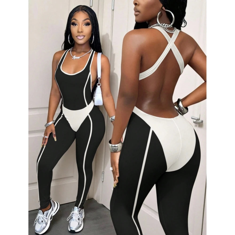 HLJ&GG White Spring New Color Splicing Bodycon One Piece Jumpsuits Women Sleeveless Backless Slim Sporty Playsuit Casual Overall
