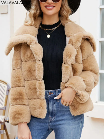 2026 Autumn Winter Turndown Collar Faux Fur Coat Women Casual Long Sleeve Fluffy Plush Jacket Khaki Thick Fake Fur Warm Cardigan