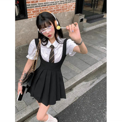 2025 korea japan style female summer fashion style jk uniform halter pleated skirt bubble short sleeve shirt two piece sets g823